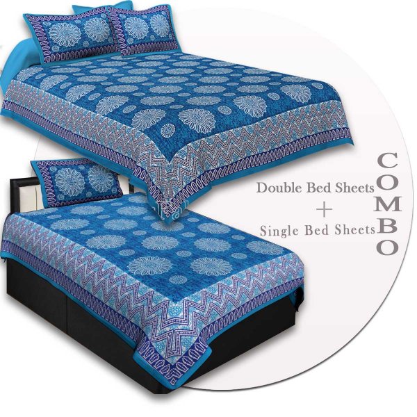 COMBO41- Set of 1 Double Bedsheet and  1 Single Bedsheet With  2+1 Pillow Cover