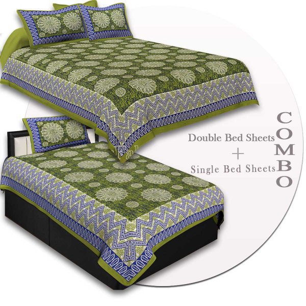 COMBO42- Set of 1 Double Bedsheet and  1 Single Bedsheet With  2+1 Pillow Cover