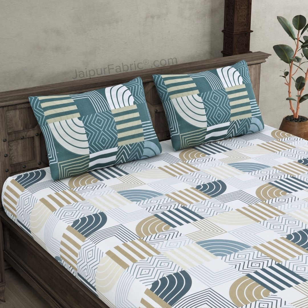 Geometric Maze Teal and Off White Dohar and Bedsheet Combo