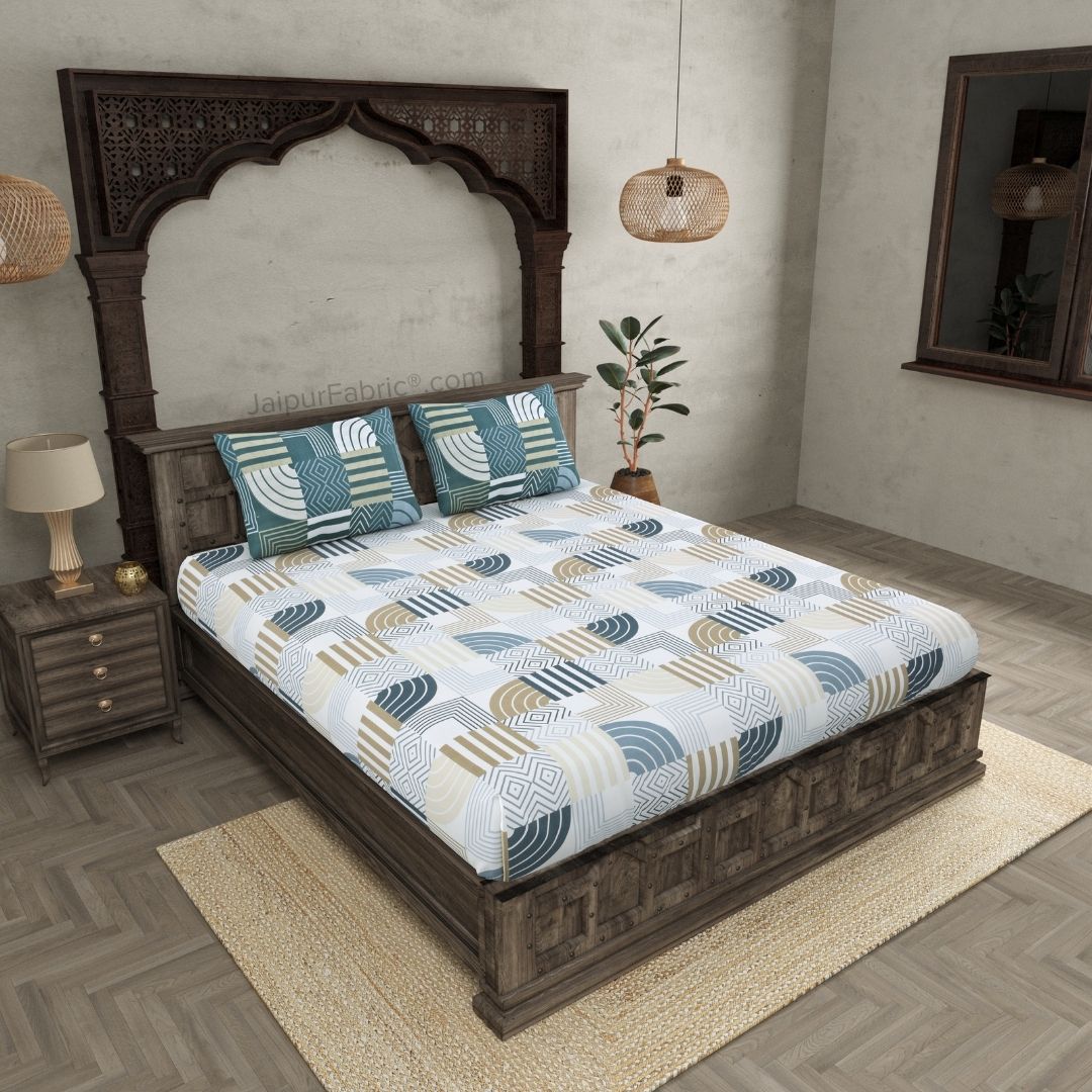 Geometric Maze Teal and Off White Dohar and Bedsheet Combo