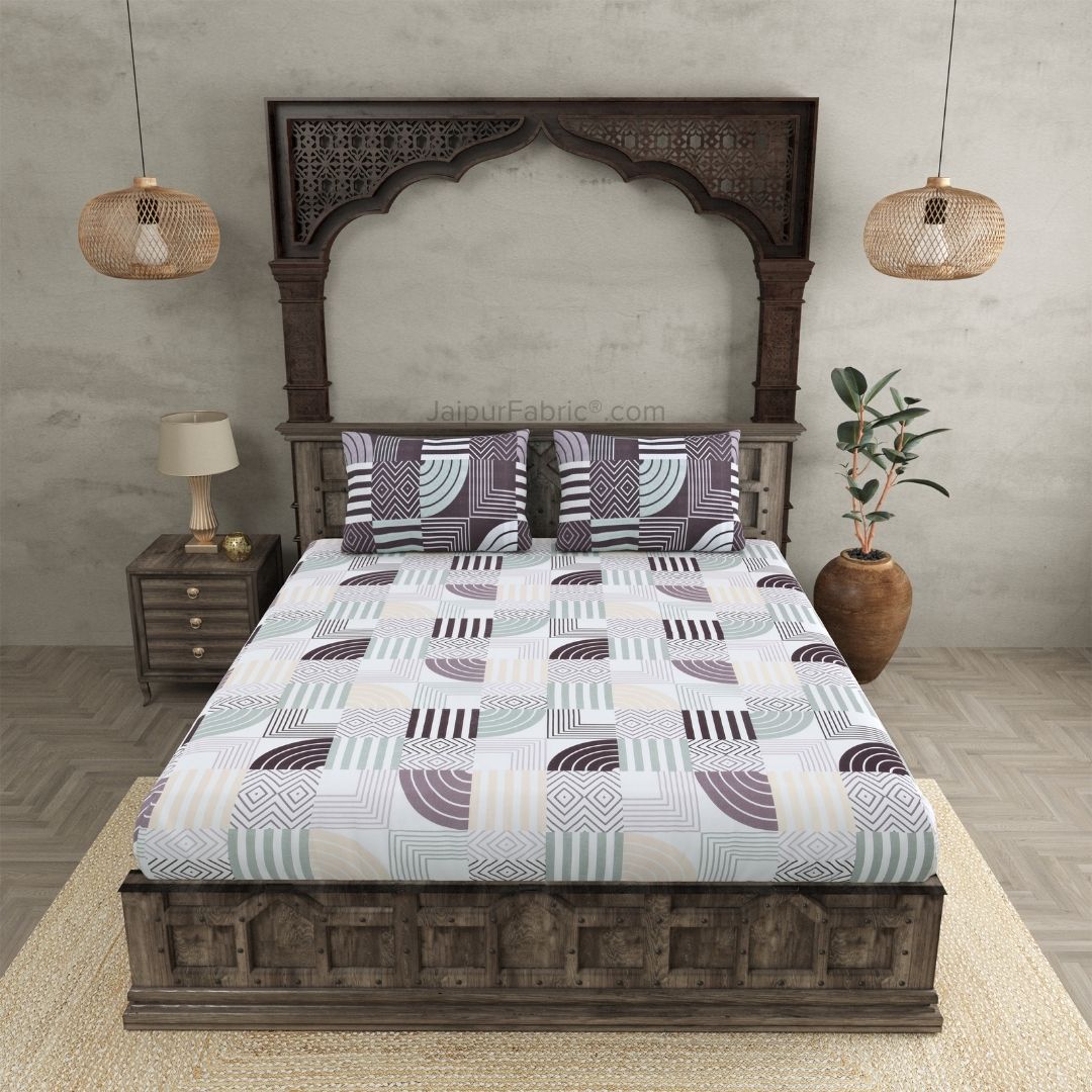 Geometric Maze Purple and Off White Dohar and Bedsheet Combo