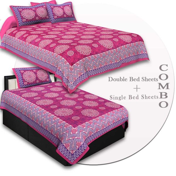 COMBO43- Set of 1 Double Bedsheet and  1 Single Bedsheet With  2+1 Pillow Cover