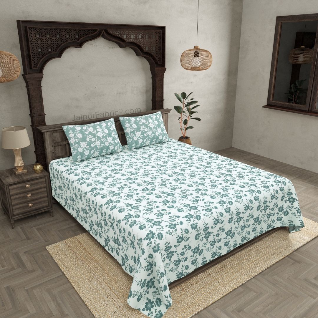 Summer Revival Green and Off White Dohar and Bedsheet Combo