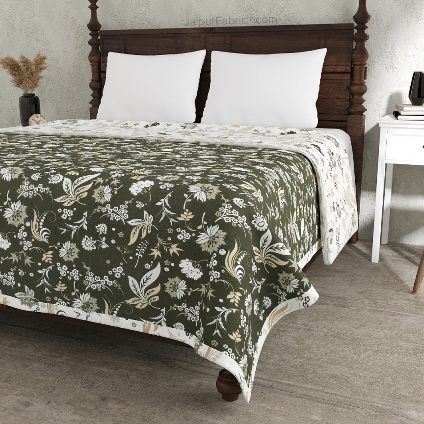 Flowery Spring Green and Off White Dohar and Bedsheet Combo