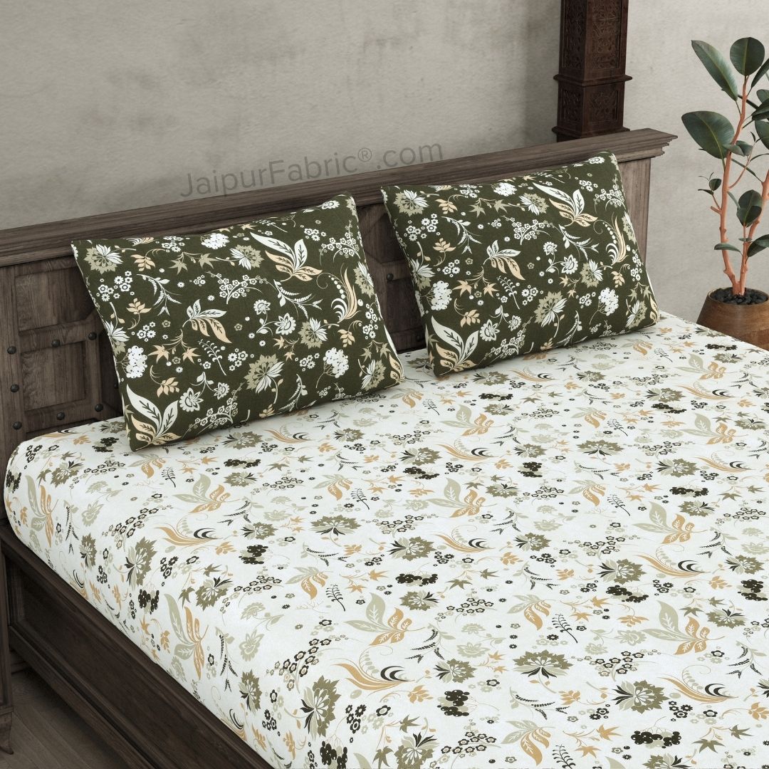 Flowery Spring Green and Off White Dohar and Bedsheet Combo
