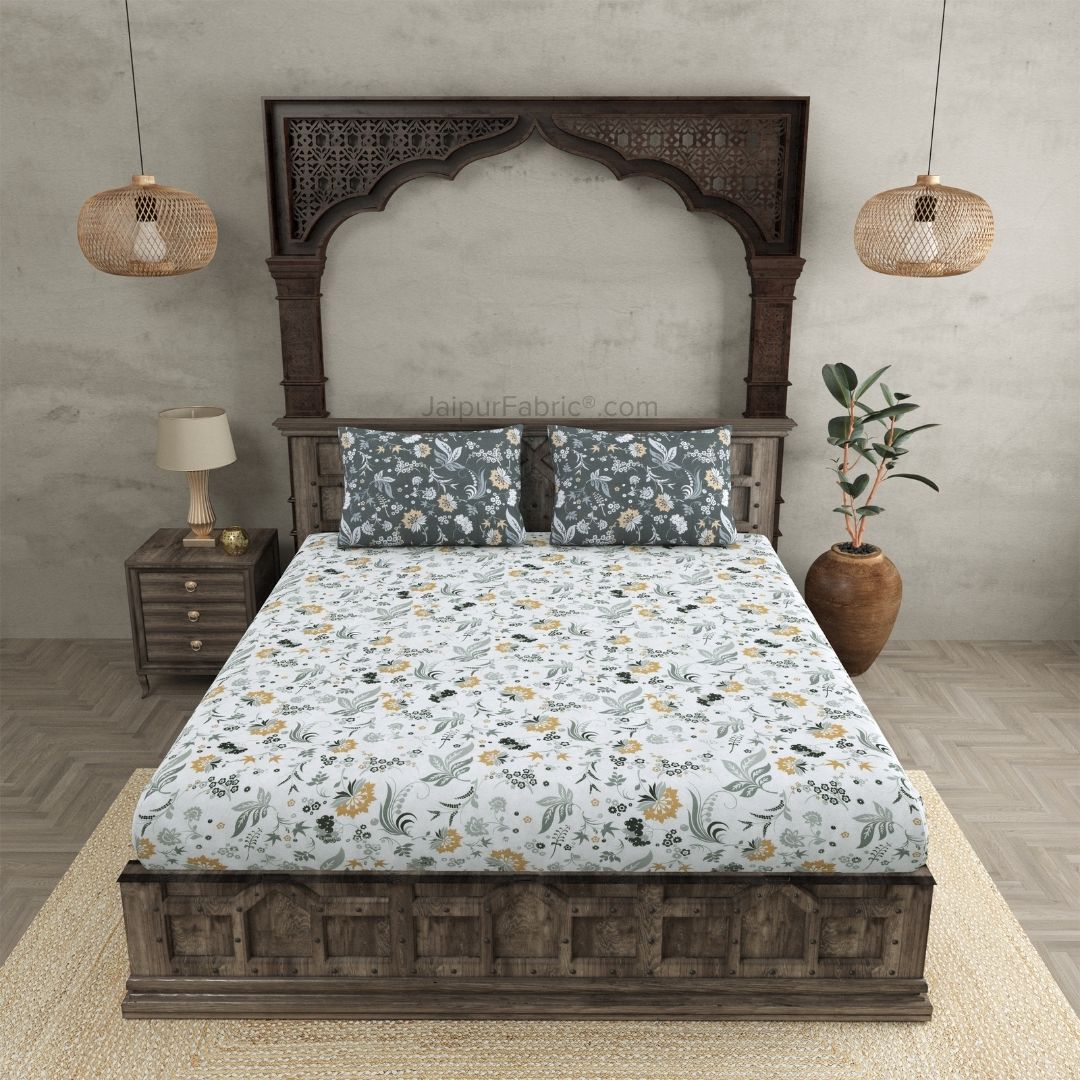 Flowery Spring Grey and Off White Dohar and Bedsheet Combo