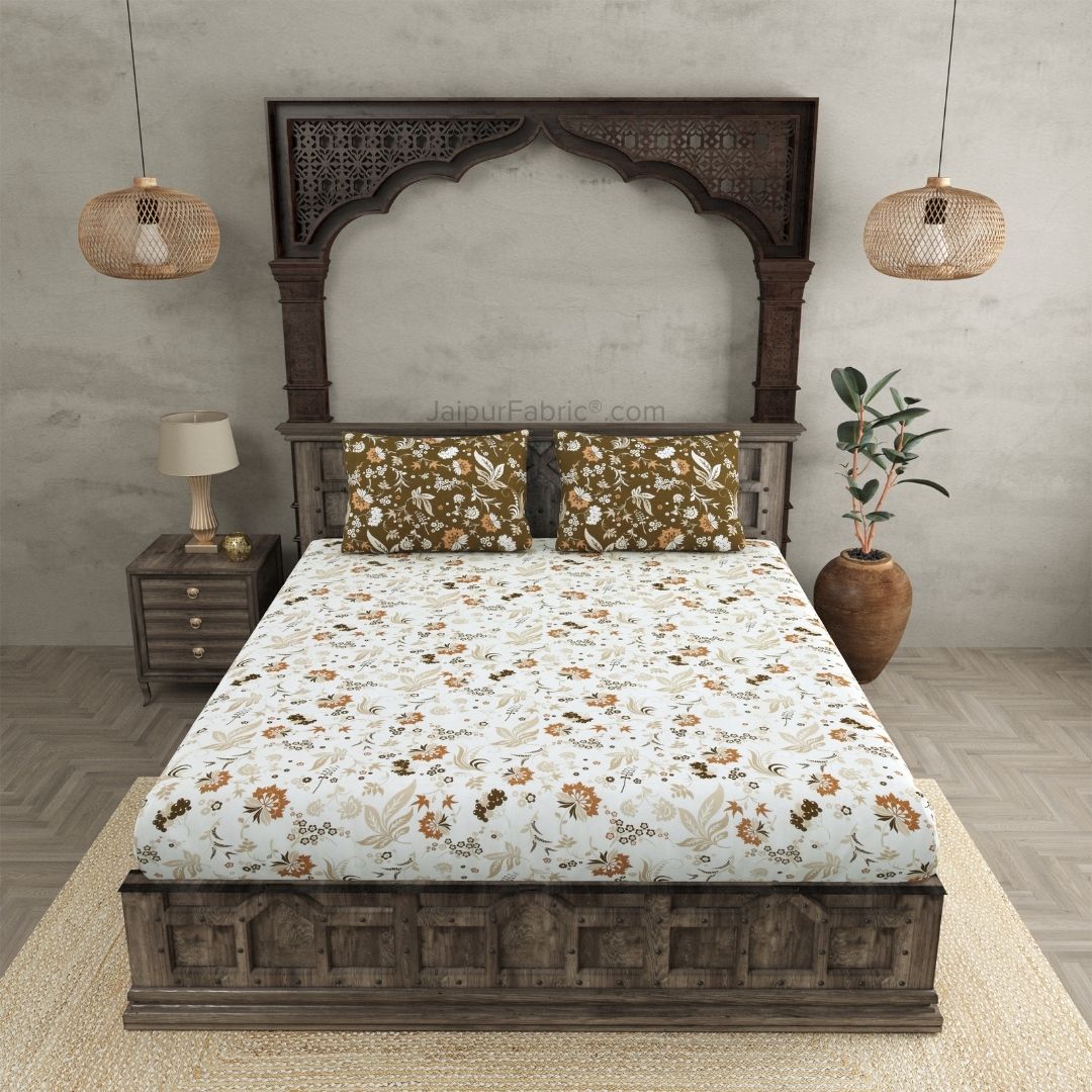 Flowery Spring Sandy Brown and Off White Dohar and Bedsheet Combo