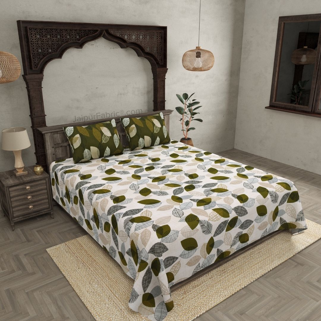 Autumn Fall Green and Off White Dohar and Bedsheet Combo