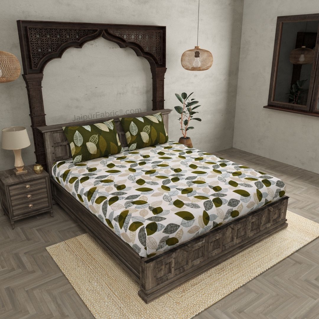 Autumn Fall Green and Off White Dohar and Bedsheet Combo