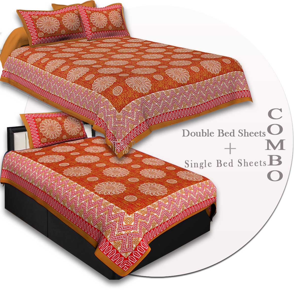 COMBO44- Set of 1 Double Bedsheet and  1 Single Bedsheet With  2+1 Pillow Cover
