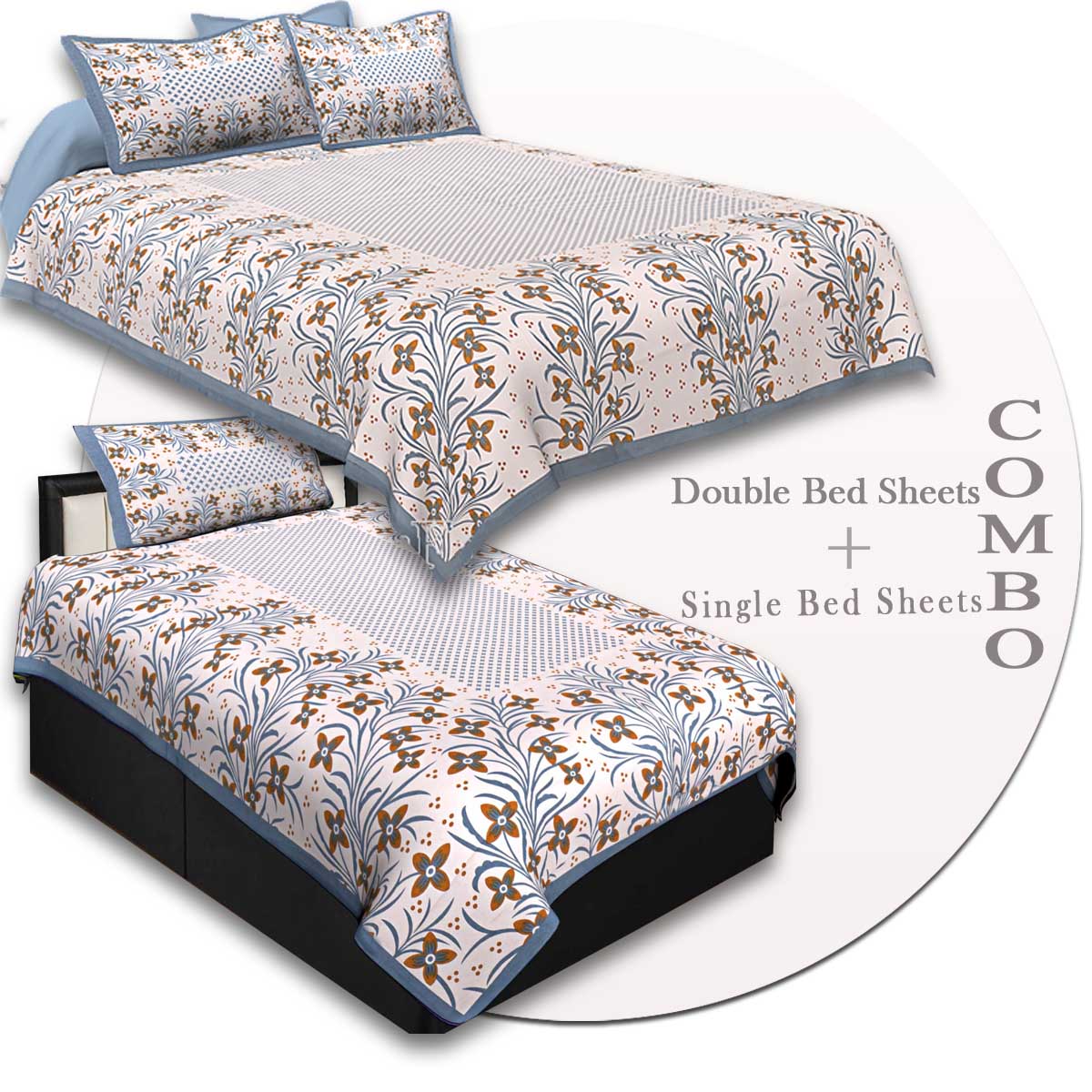 COMBO45- Set of 1 Double Bedsheet and  1 Single Bedsheet With  2+1 Pillow Cover