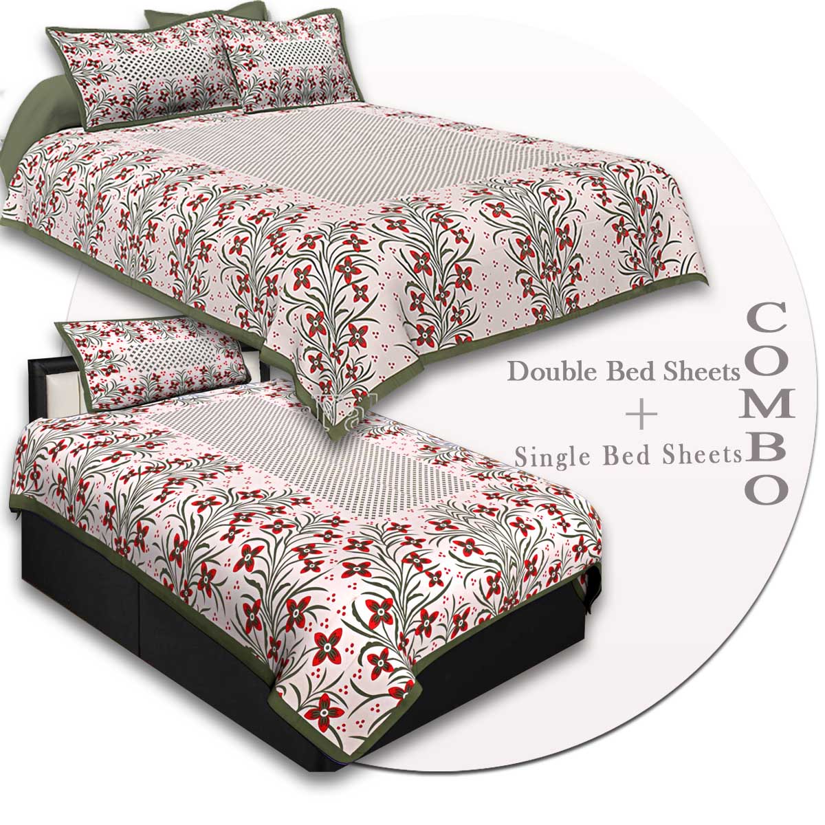COMBO46- Set of 1 Double Bedsheet and  1 Single Bedsheet With  2+1 Pillow Cover