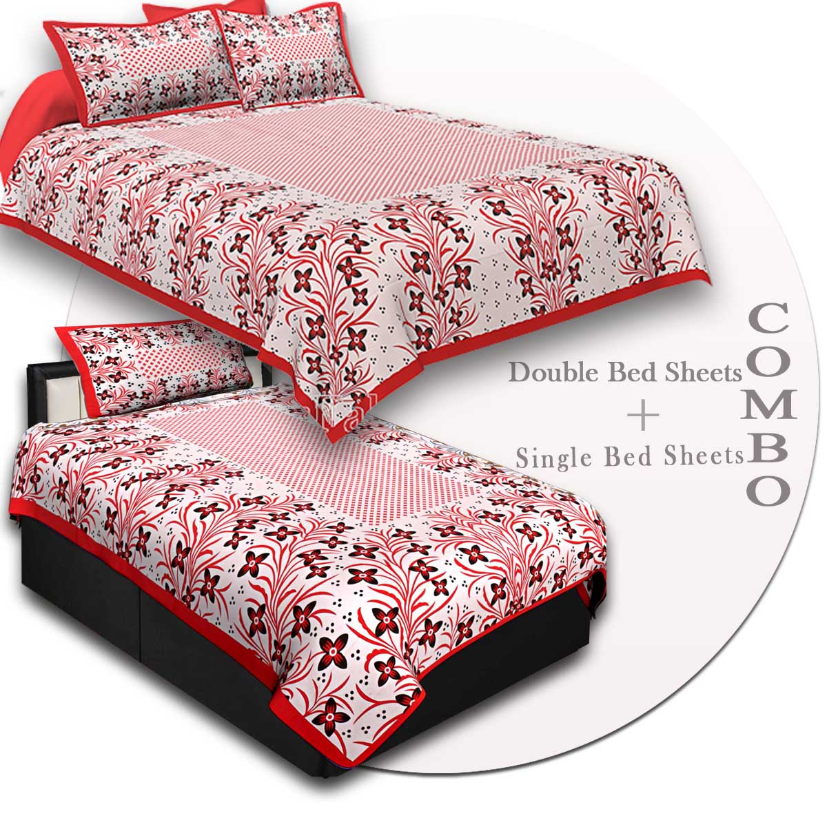 COMBO47- Set of 1 Double Bedsheet and  1 Single Bedsheet With  2+1 Pillow Cover