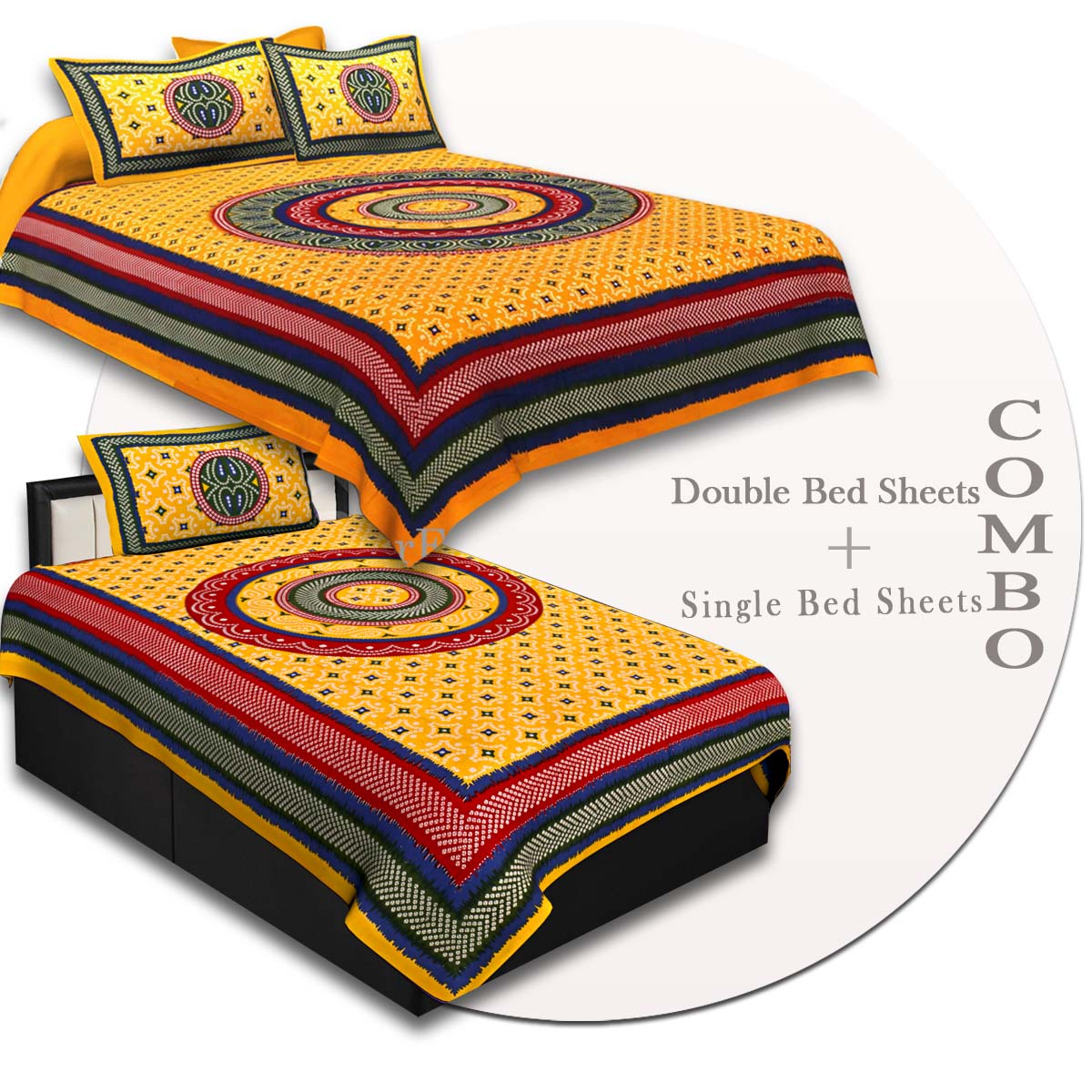 COMBO51- Set of 1 Double Bedsheet and  1 Single Bedsheet With  2+1 Pillow Cover