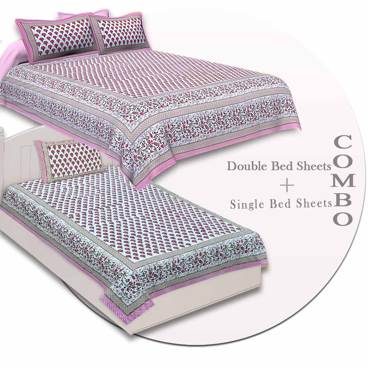 COMBO97 Set of 1 Double Bedsheet and 1 Single Bedsheet With 2+1