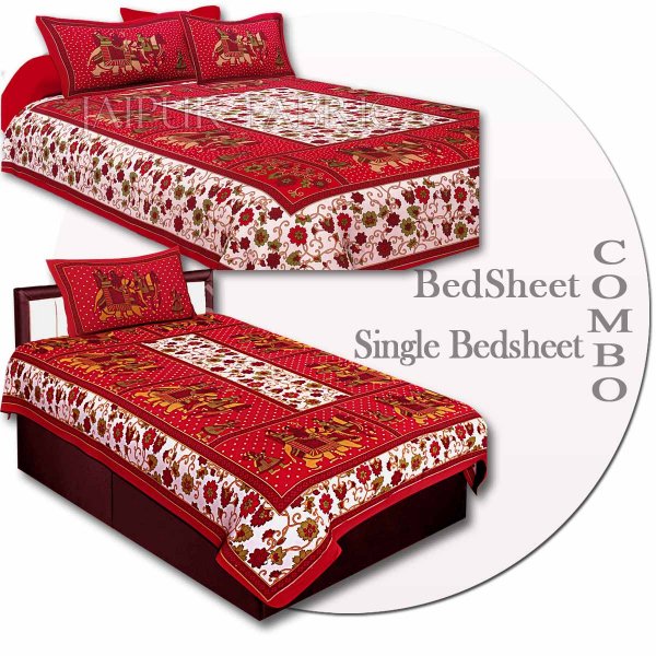 COMBO74- Set of 1 Double Bedsheet and  1 Single Bedsheet With  2+1 Pillow Cover