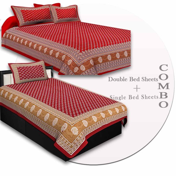 COMBO76- Set of 1 Double Bedsheet and  1 Single Bedsheet With  2+1 Pillow Cover