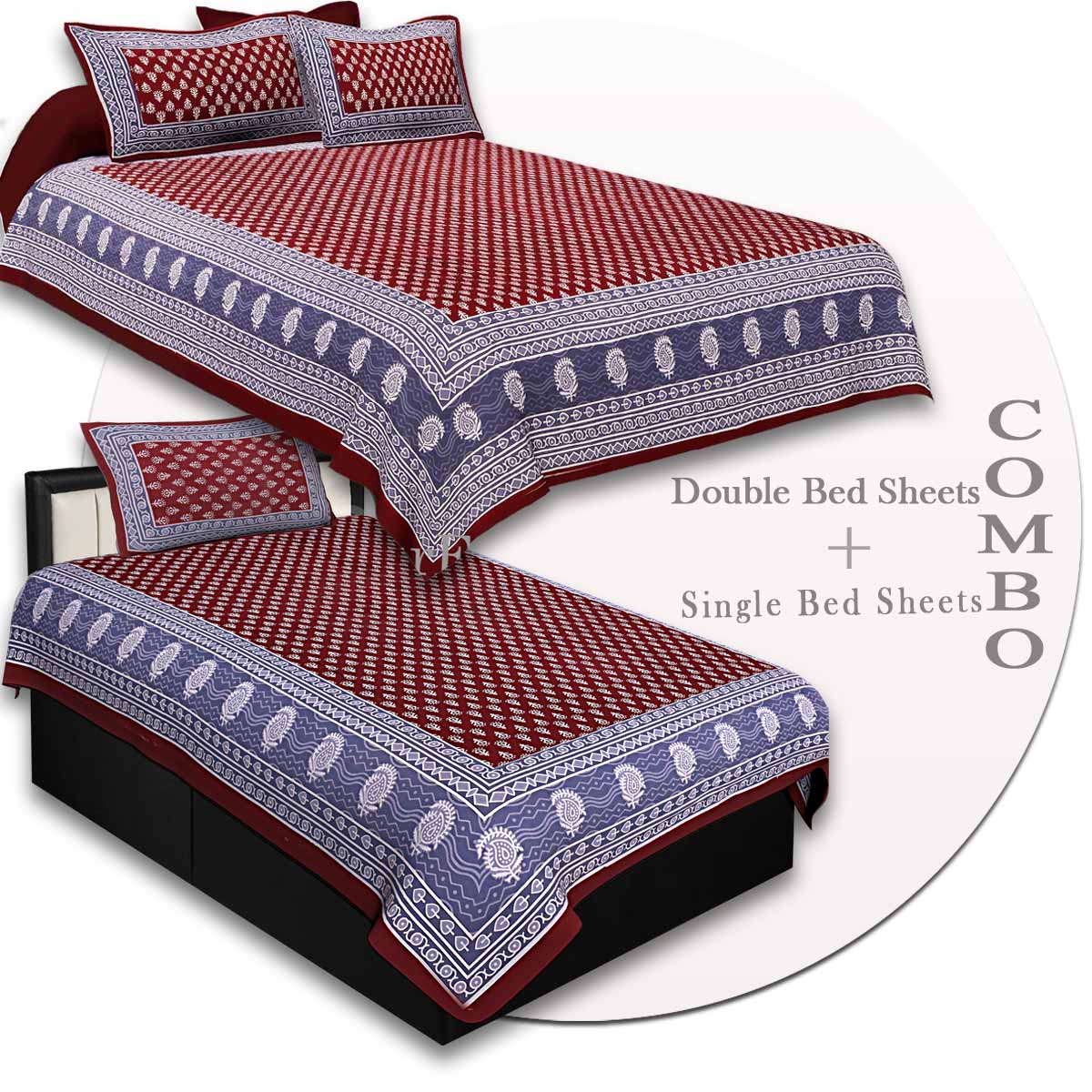 COMBO77- Set of 1 Double Bedsheet and  1 Single Bedsheet With  2+1 Pillow Cover