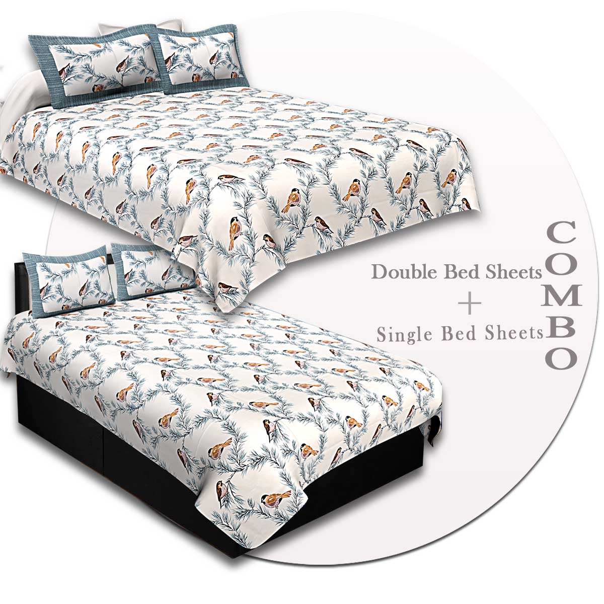 COMBO87- Set of 1 Double Bedsheet and  1 Single Bedsheet With  2+2 Pillow Cover