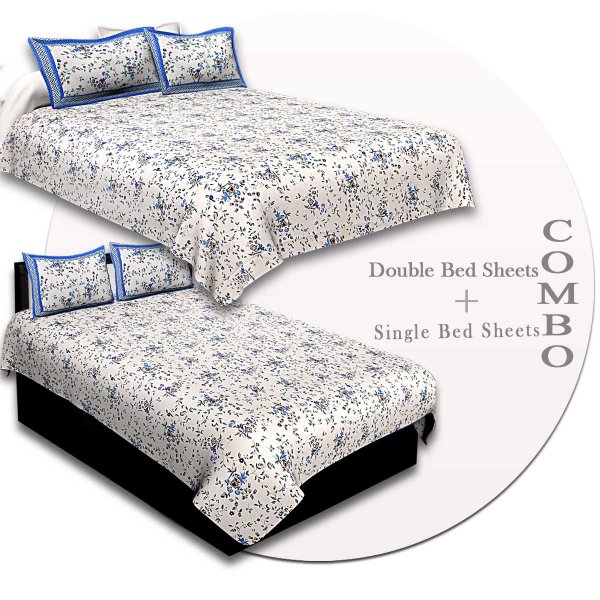 COMBO89- Set of 1 Double Bedsheet and  1 Single Bedsheet With  2+2 Pillow Cover