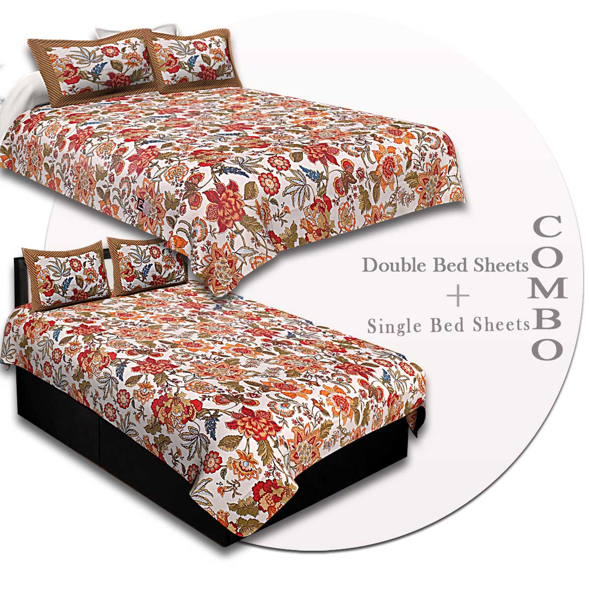 COMBO91- Set of 1 Double Bedsheet and  1 Single Bedsheet With  2+2 Pillow Cover