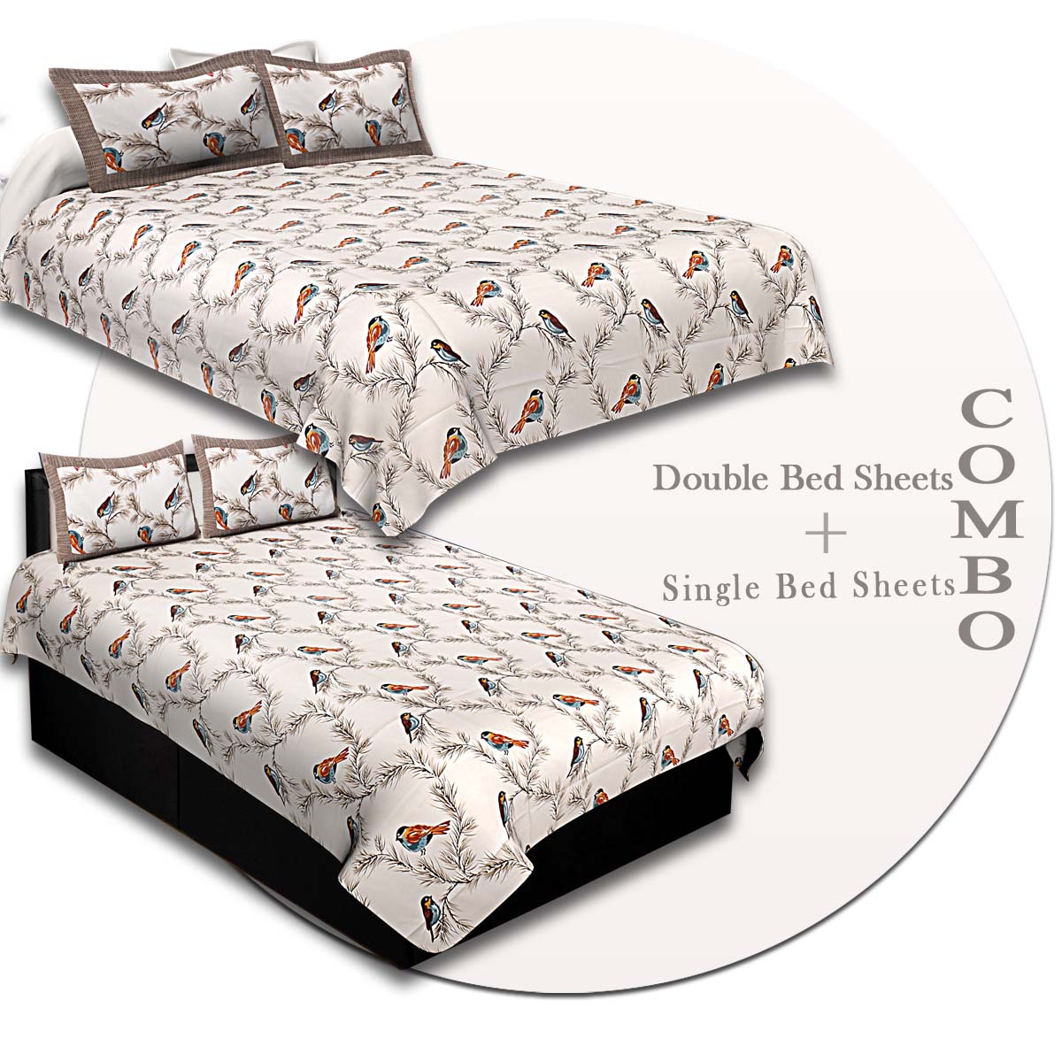 COMBO95- Set of 1 Double Bedsheet and  1 Single Bedsheet With  2+2 Pillow Cover