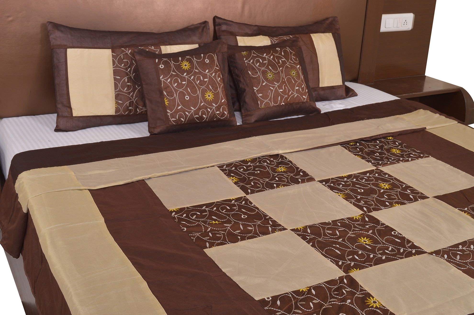 Dark Chocolate And Cream Check With Embroidery Silk festive Double Bed sheet
