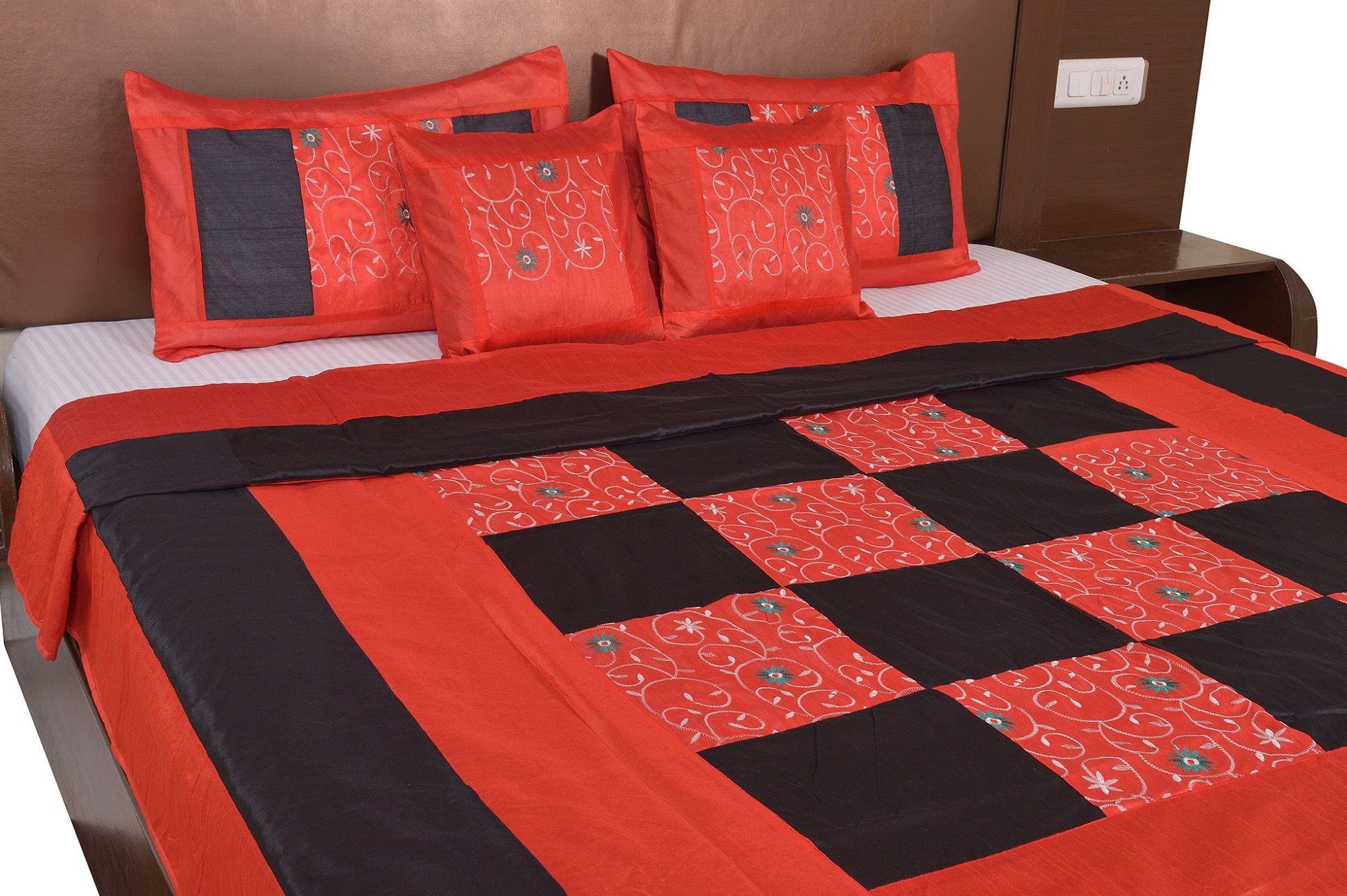 Black And Maroon Color Check With Embroidery Silk festive Double Bed sheet