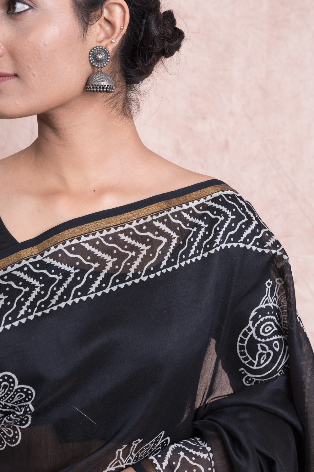 Hand Block Printed Chanderi Silk Saree with Unstitched Blouse - Black