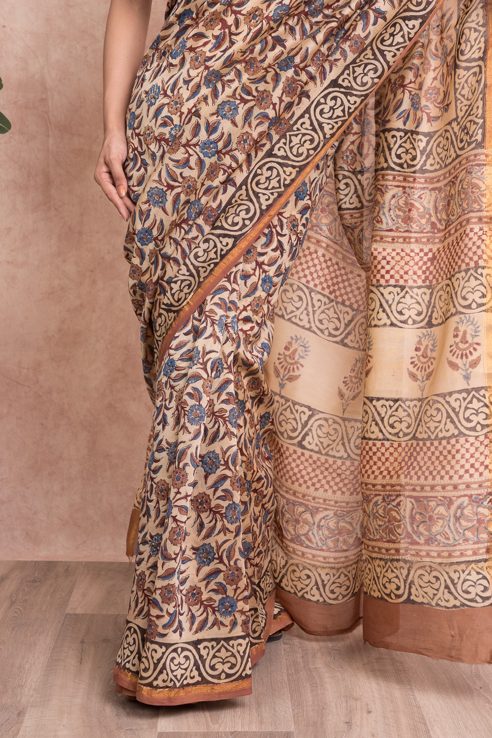 Bagru Print Kalamkari Pattern Chanderi Silk Saree with Unstitched Blouse - Beige