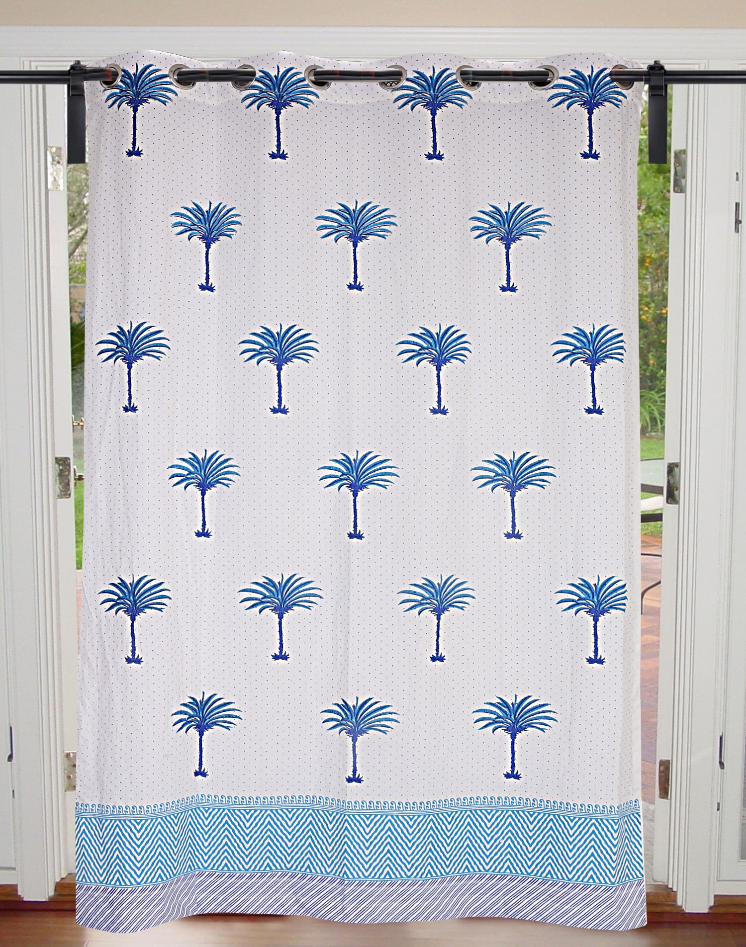 Sky Blue Palm Polka Cotton Grommet Curtain