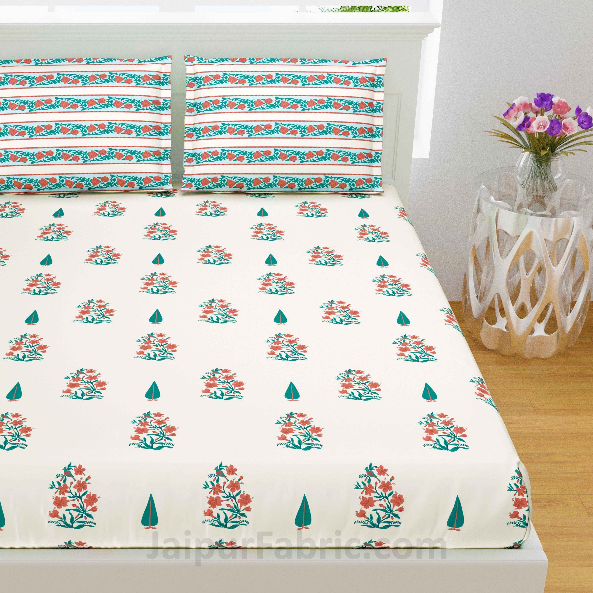 Peach Turquoise Boota Block Print Pure Cotton King Size Double BedSheet