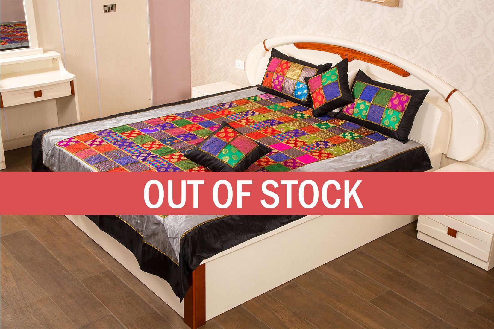 Rajasthan Patchwork Gold Print Double Bed Sheet with Two Pillow Covers and Two Cushion Covers