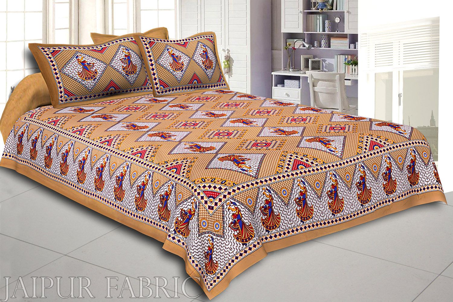 Brown base jaipur Folk dance Design Double Bedsheet With Pillow Covers