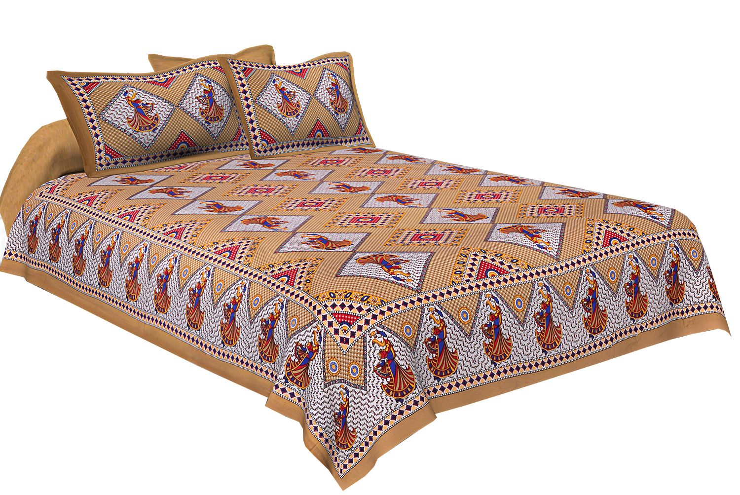 Brown base jaipur Folk dance Design Double Bedsheet With Pillow Covers