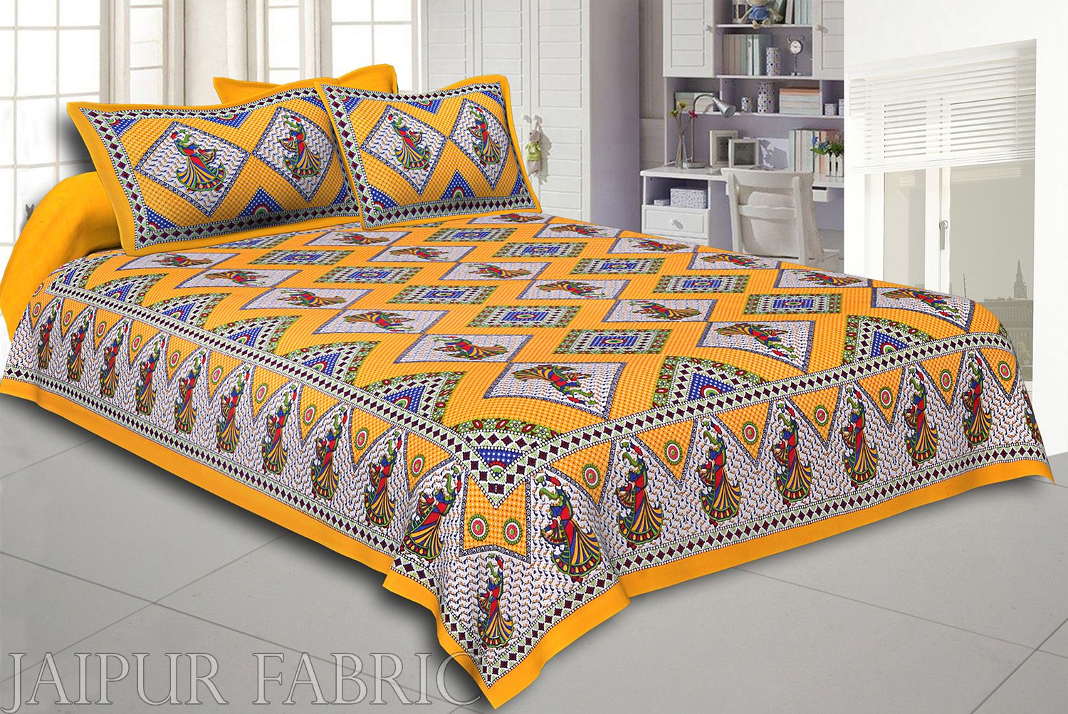 Yellow base jaipur Folk dance Design Double Bedsheet With Pillow Covers