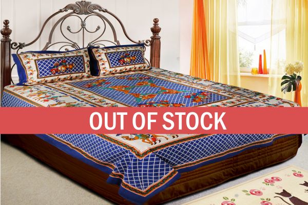 Blue Base Multi Color Cattle and cart Print Double Bedsheet with pillow Covers