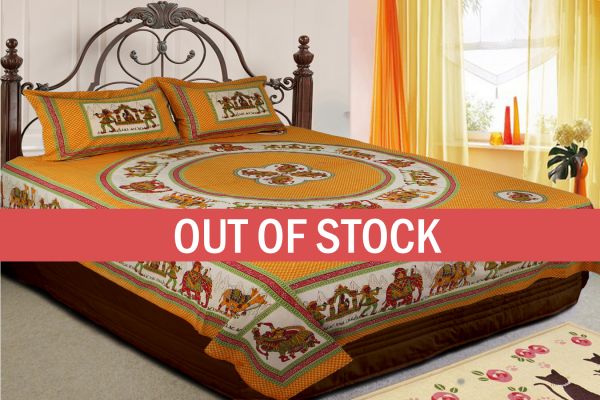 Yellow Base Rajasthani Doli Hand Block Print And Folk dance Design Double Bed Sheet with Pillows Cover