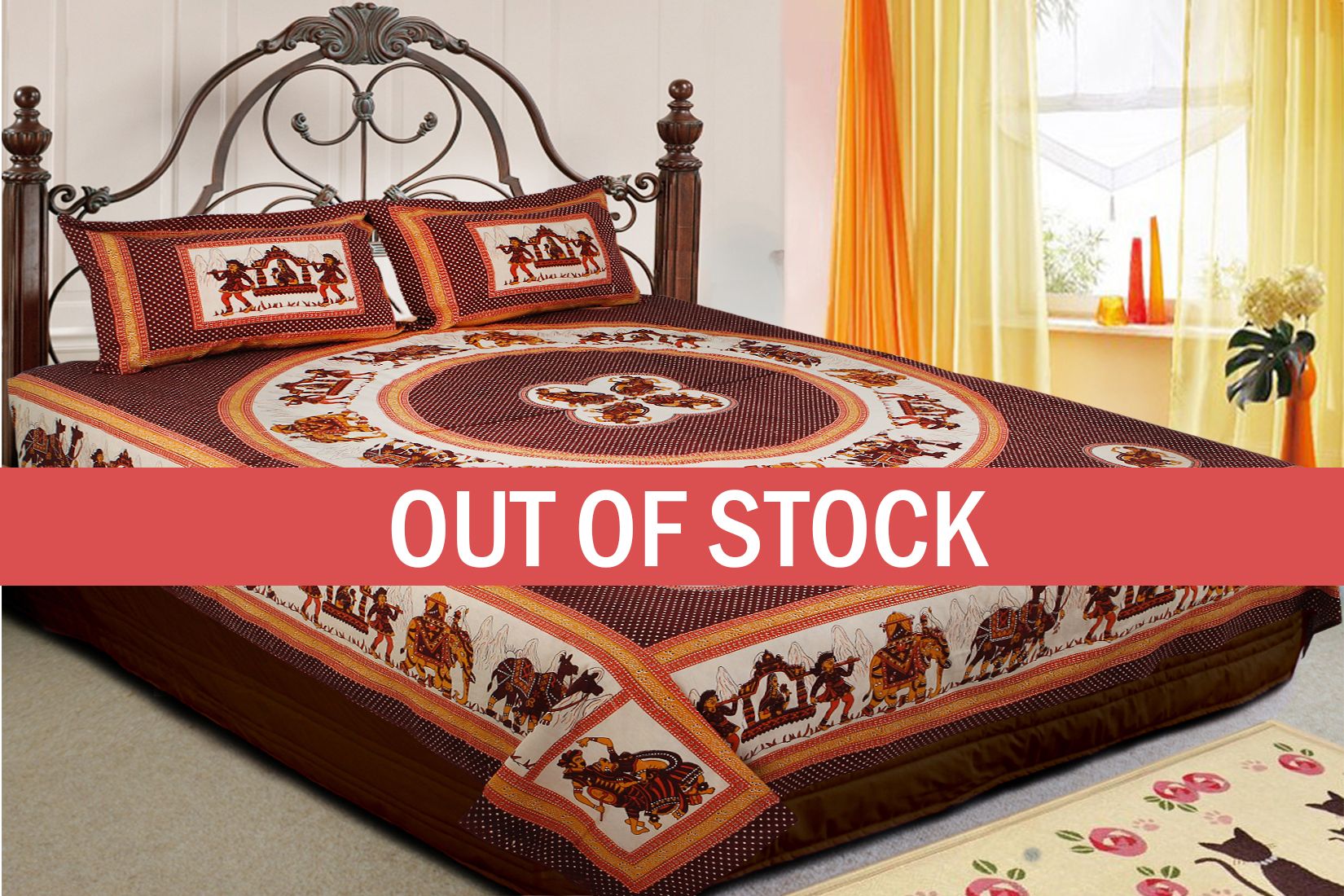 Dark Brown Base Rajasthani Doli Hand Block Print And Folk dance Design Double Bed Sheet with Pillows Cover
