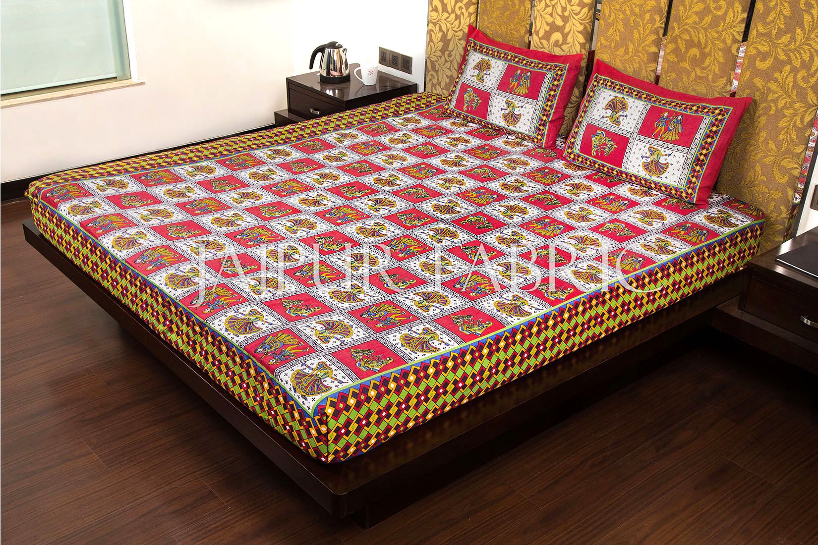Maroon Color Jaipuri Folk Dance Print Cotton Double Bed Sheet