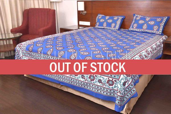 Blue Color Jaipuri Paan Patti Print Double Bed Sheet