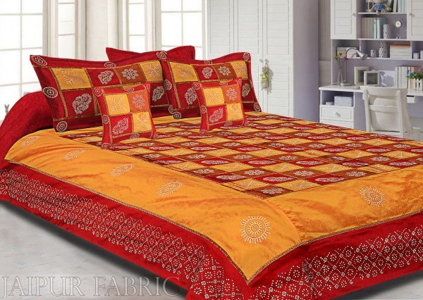 Maroon And Rust  Chess Gold Patten  With Golden Print Silk Double Bedsheet