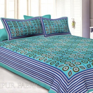 Blue Border Blue Base Multi Shape Pattern Screen Print Cotton Double Bed Sheet