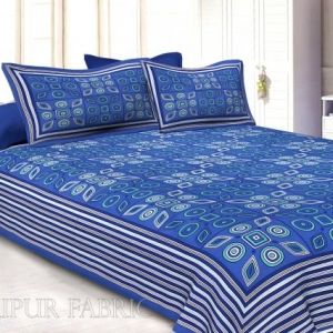 Blue Geometric Printed Cotton Double Bed Sheet