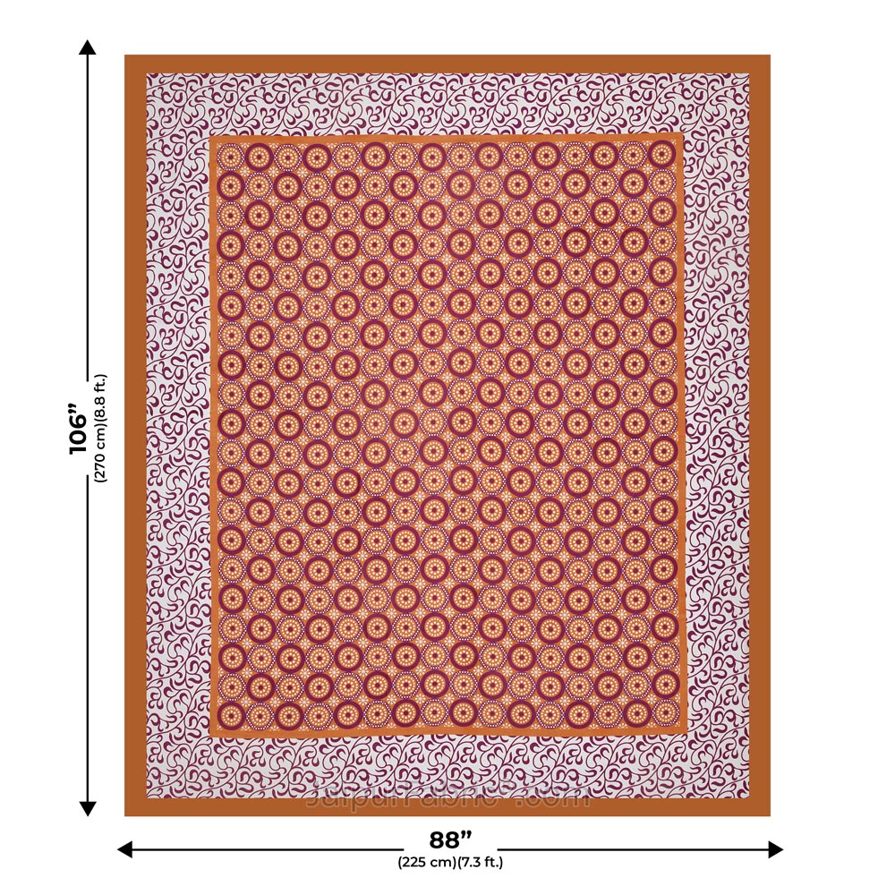 Brown Border White Base Circle Pattern Screen Print Cotton Double Bed Sheet