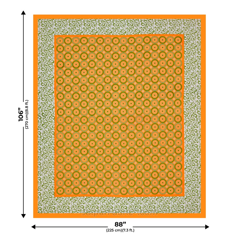 Yellow Border White Base Circle Pattern Screen Print Cotton Double Bed Sheet
