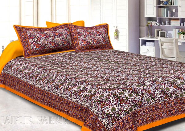 Dark Orange Border Floral Pattern Screen Print Cotton Double Bed Sheet