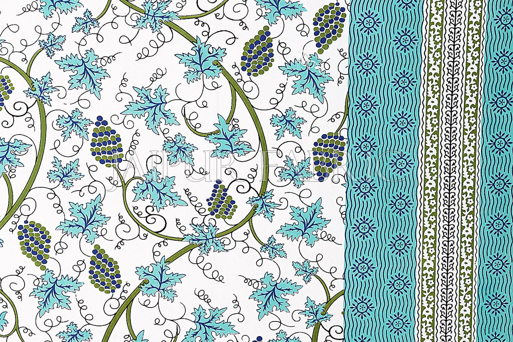 Light Sea Green  Border Grapes Pattern Screen Print Cotton Double Bed Sheet