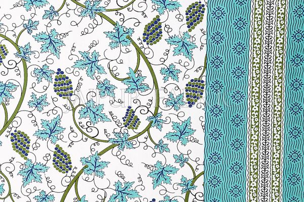 Light Sea Green  Border Grapes Pattern Screen Print Cotton Double Bed Sheet