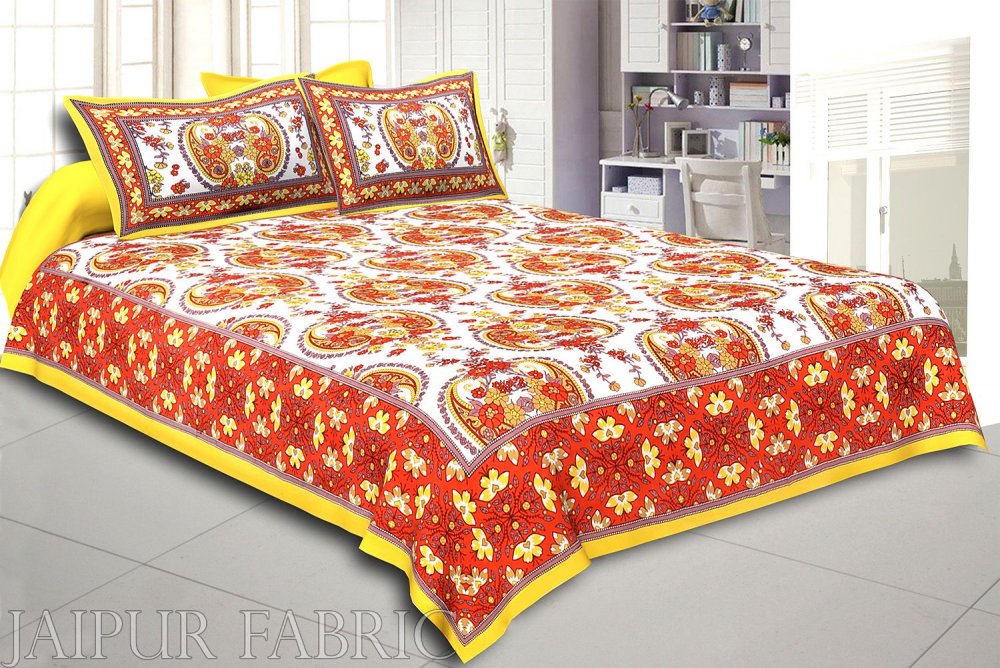 Yellow Border Multi Color Floral Pattern Screen Print Cotton Double Bed Sheet